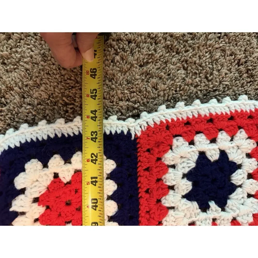 Vintage Crochet Afghan Blanket Granny Square Red White‎ Blue Background 57”x44”